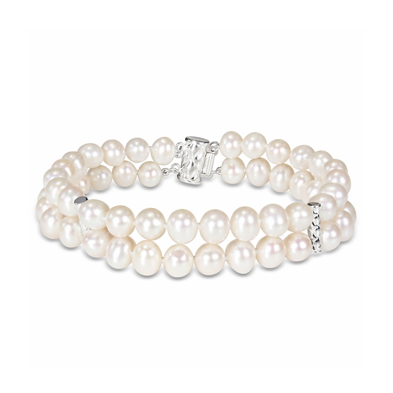 Main Image 1 of Previously Owned-6.5-7.0mm Freshwater Cultured Pearl Barrel Station Double Strand Bracelet in Sterling Silver-7.5"