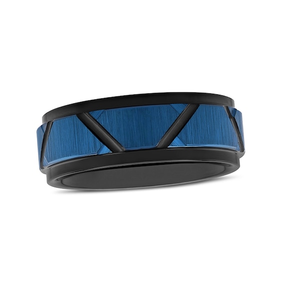 Previously Owned - 8.0mm Brushed Geometric Pattern Stepped Edge Wedding Band in Tantalum with Black and Blue IP
