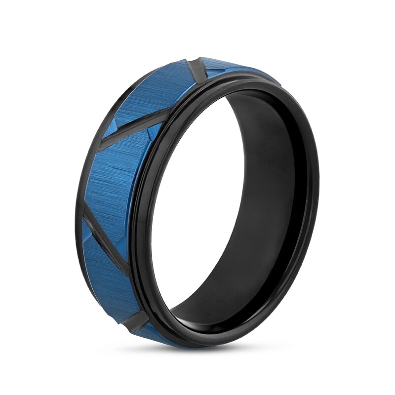 Main Image 2 of Previously Owned - 8.0mm Brushed Geometric Pattern Stepped Edge Wedding Band in Tantalum with Black and Blue IP