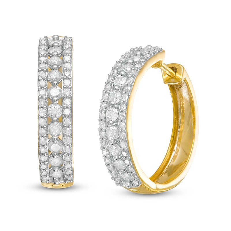 Main Image 1 of Previously Owned - 1 CT. T.W. Diamond Triple Row Hoop Earrings in 10K Gold