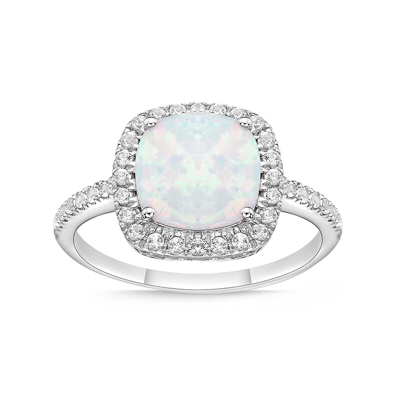 Main Image 1 of Previously Owned - 9.0mm Cushion-Cut Lab-Created Opal and White Sapphire Frame Ring in Sterling Silver