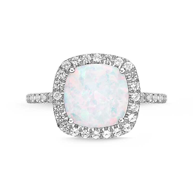 Main Image 3 of Previously Owned - 9.0mm Cushion-Cut Lab-Created Opal and White Sapphire Frame Ring in Sterling Silver