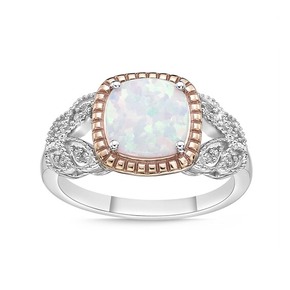 Previously Owned - Cushion-Cut Lab-Created Opal and 1/20 CT. T.w. Diamond Split Leaf-Sides Ring in 10K Two-Tone Gold