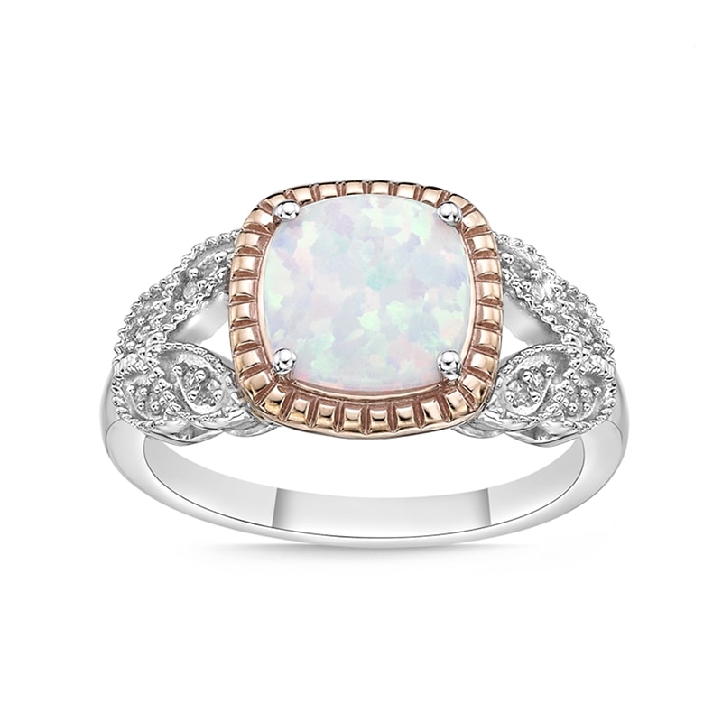 Main Image 1 of Previously Owned - Cushion-Cut Lab-Created Opal and 1/20 CT. T.W. Diamond Split Leaf-Sides Ring in 10K Two-Tone Gold