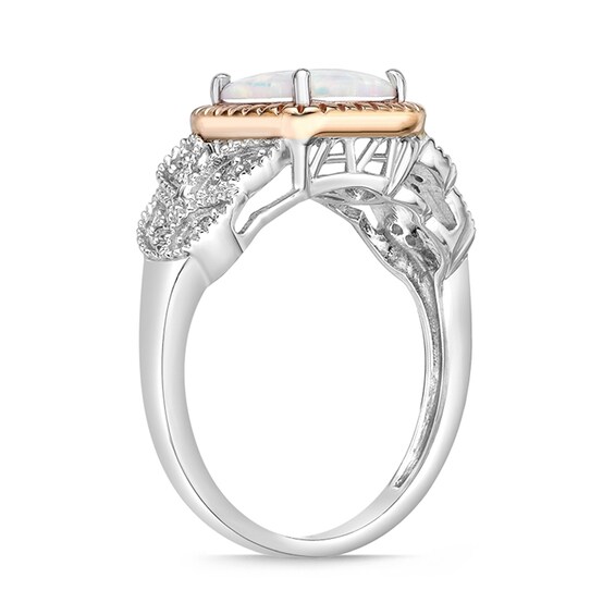 Previously Owned - Cushion-Cut Lab-Created Opal and 1/20 CT. T.w. Diamond Split Leaf-Sides Ring in 10K Two-Tone Gold
