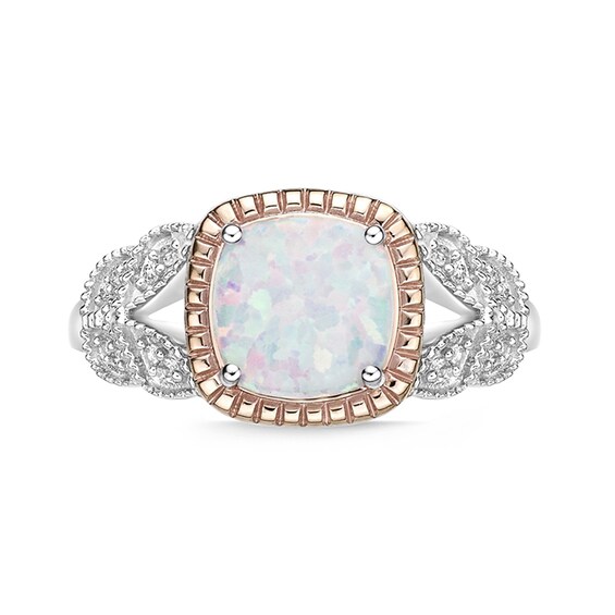 Previously Owned - Cushion-Cut Lab-Created Opal and 1/20 CT. T.w. Diamond Split Leaf-Sides Ring in 10K Two-Tone Gold