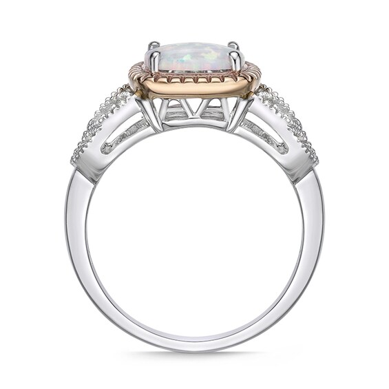 Previously Owned - Cushion-Cut Lab-Created Opal and 1/20 CT. T.w. Diamond Split Leaf-Sides Ring in 10K Two-Tone Gold