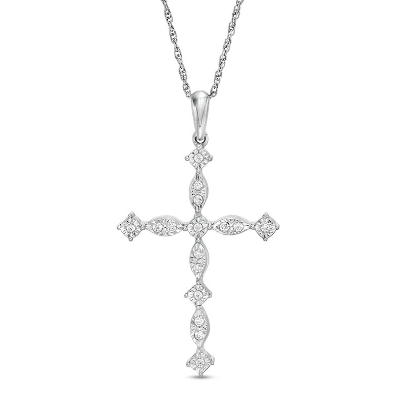 Main Image 1 of Previously Owned - 1/10 CT. T.W. Diamond Art Deco Cross Pendant in Sterling Silver