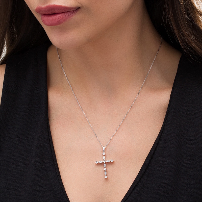 Main Image 2 of Previously Owned - 1/10 CT. T.W. Diamond Art Deco Cross Pendant in Sterling Silver