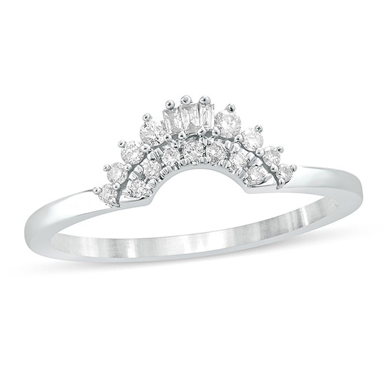 Previously Owned - 1/6 CT. T.w. Baguette and Round Diamond Contour Wedding Band in 10K White Gold