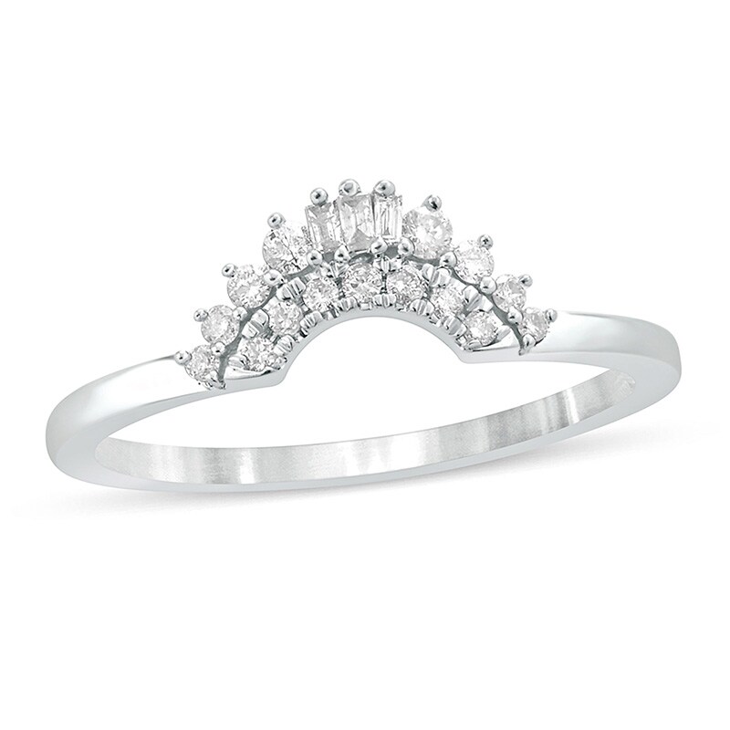 Main Image 1 of Previously Owned - 1/6 CT. T.W. Baguette and Round Diamond Contour Wedding Band in 10K White Gold