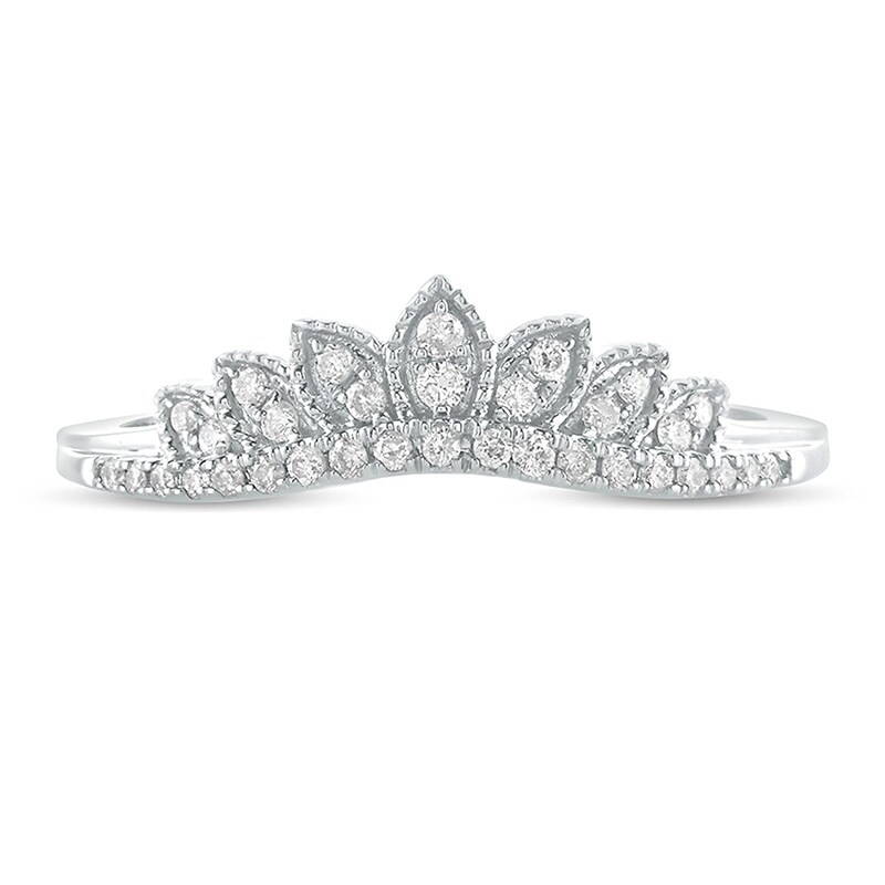 Main Image 3 of Previously Owned - 1/6 CT. T.W. Diamond Leaf Crown Contour Vintage-Style Wedding Band in 10K White Gold
