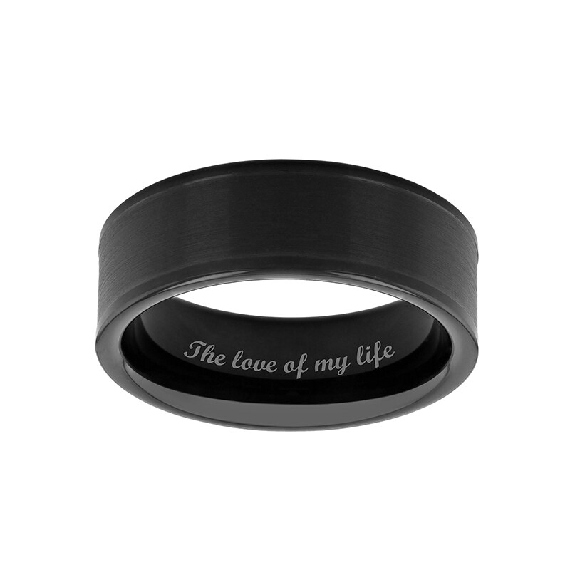 Main Image 1 of Previously Owned - 8.0mm Brushed Inlay Comfort-Fit Engravable Wedding Band in Tungsten with Black IP (1 Line)