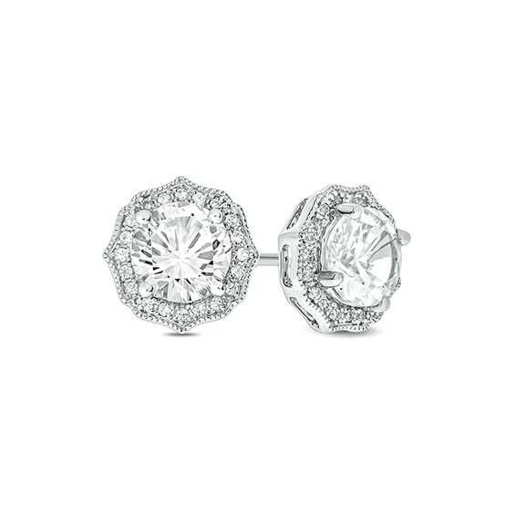 Previously Owned - White Lab-Created Sapphire and 1/10 CT. T.w. Diamond Vintage-Style Stud Earrings in 10K White Gold