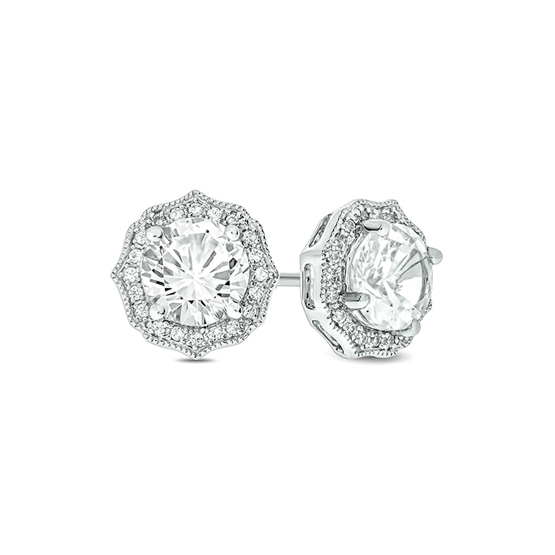 Main Image 1 of Previously Owned - White Lab-Created Sapphire and 1/10 CT. T.W. Diamond Vintage-Style Stud Earrings in 10K White Gold