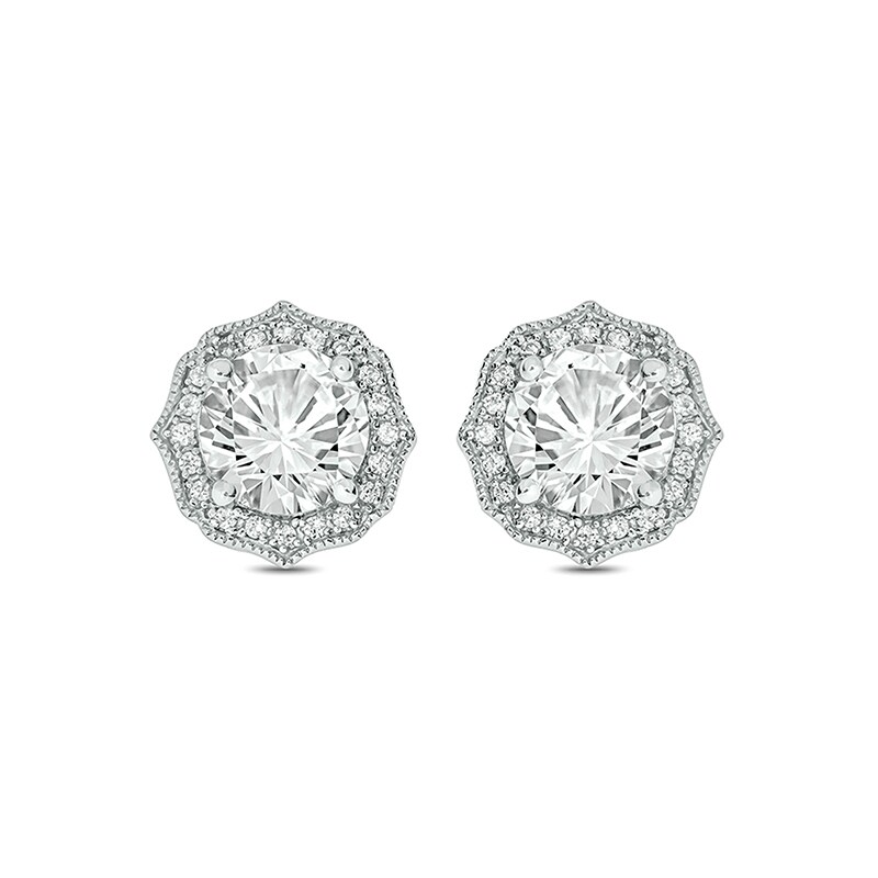 Main Image 2 of Previously Owned - White Lab-Created Sapphire and 1/10 CT. T.W. Diamond Vintage-Style Stud Earrings in 10K White Gold