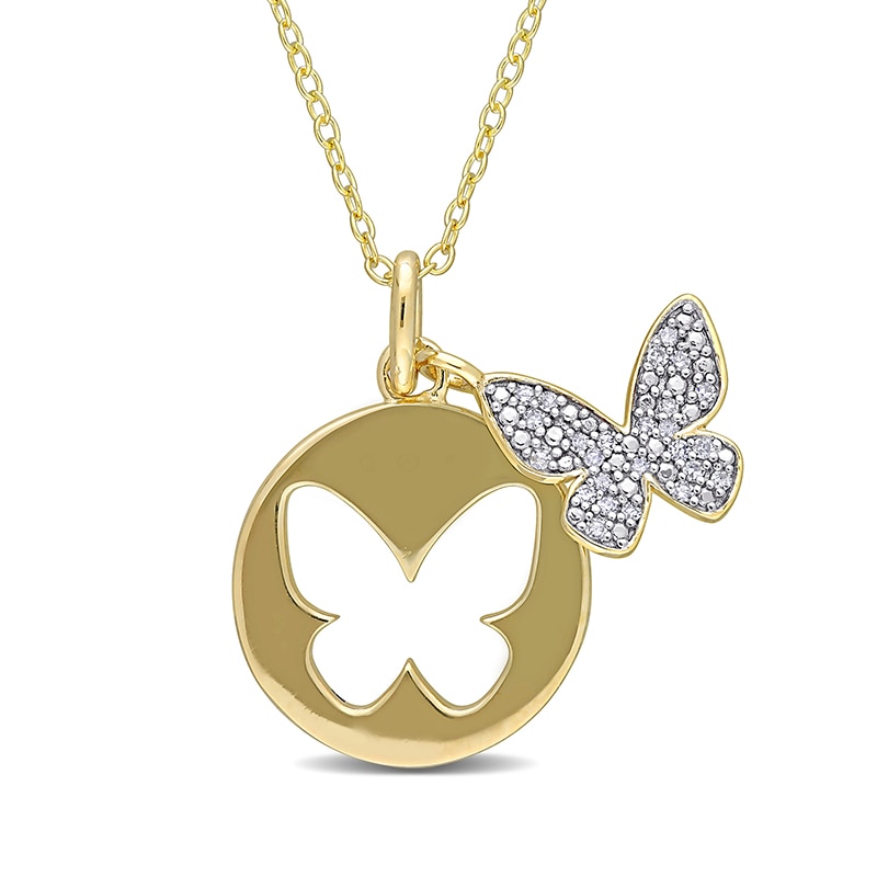 Main Image 1 of Previously Owned - 1/10 CT. T.W. Diamond Butterfly Cutout Disc Pendant in Sterling Silver with Yellow Rhodium