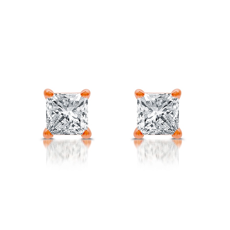 Main Image 1 of Previously Owned - 1/2 CT. T.W. Princess-Cut Diamond Solitaire Stud Earrings in 14K Rose Gold (J/I3)