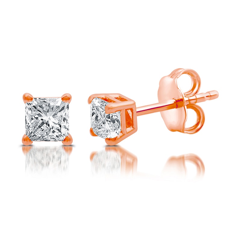 Main Image 2 of Previously Owned - 1/2 CT. T.W. Princess-Cut Diamond Solitaire Stud Earrings in 14K Rose Gold (J/I3)
