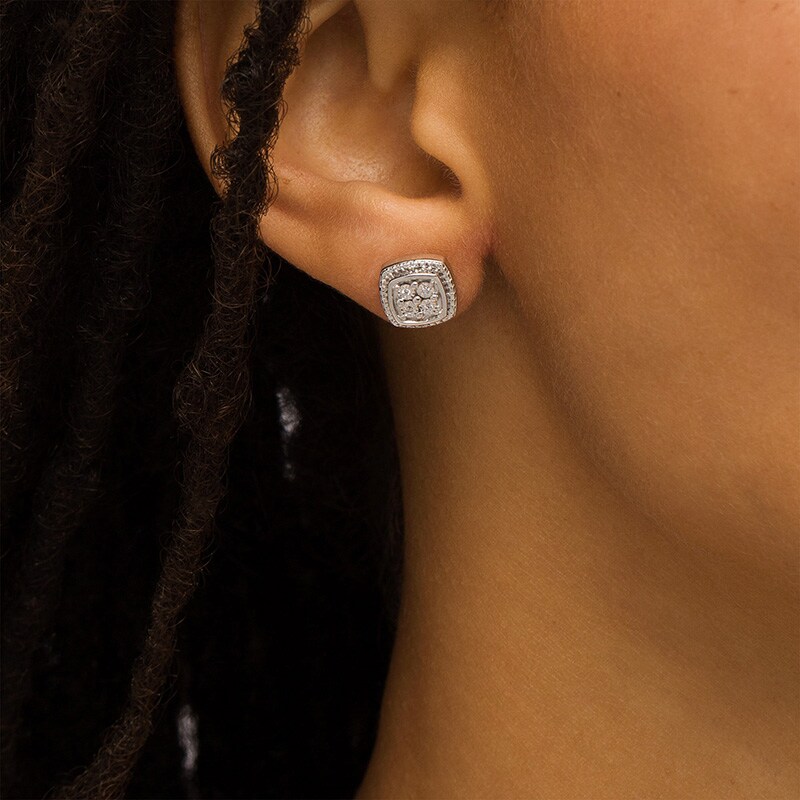 Main Image 2 of Previously Owned - 1/20 CT. T.W. Quad Diamond Frame Stud Earrings in Sterling Silver