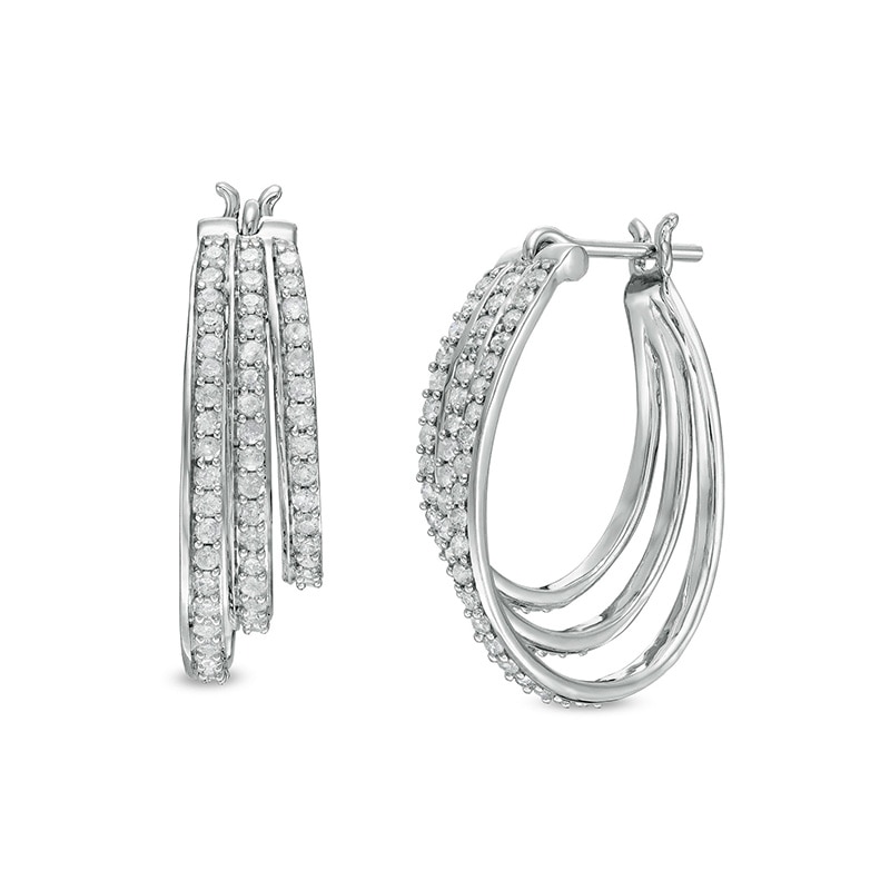 Main Image 1 of Previously Owned - 1 CT. T.W. Diamond Graduated Split Triple Row Hoop Earrings in 10K White Gold