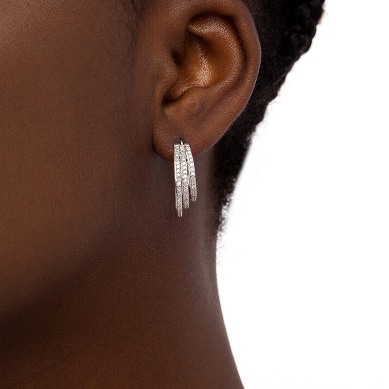 Main Image 2 of Previously Owned - 1 CT. T.W. Diamond Graduated Split Triple Row Hoop Earrings in 10K White Gold