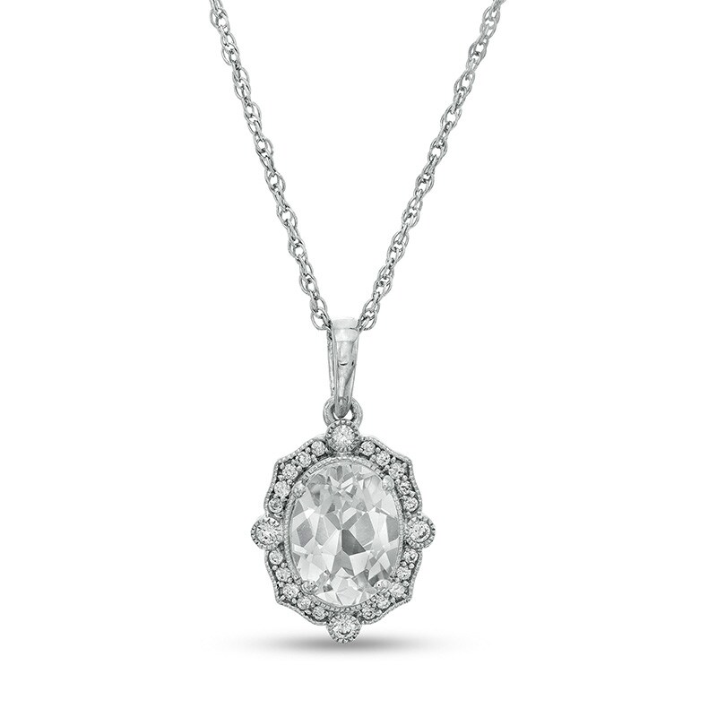 Main Image 1 of Previously Owned - Oval White Lab-Created Sapphire and 1/10 CT. T.W. Diamond Ornate Frame Pendant in 10K White Gold