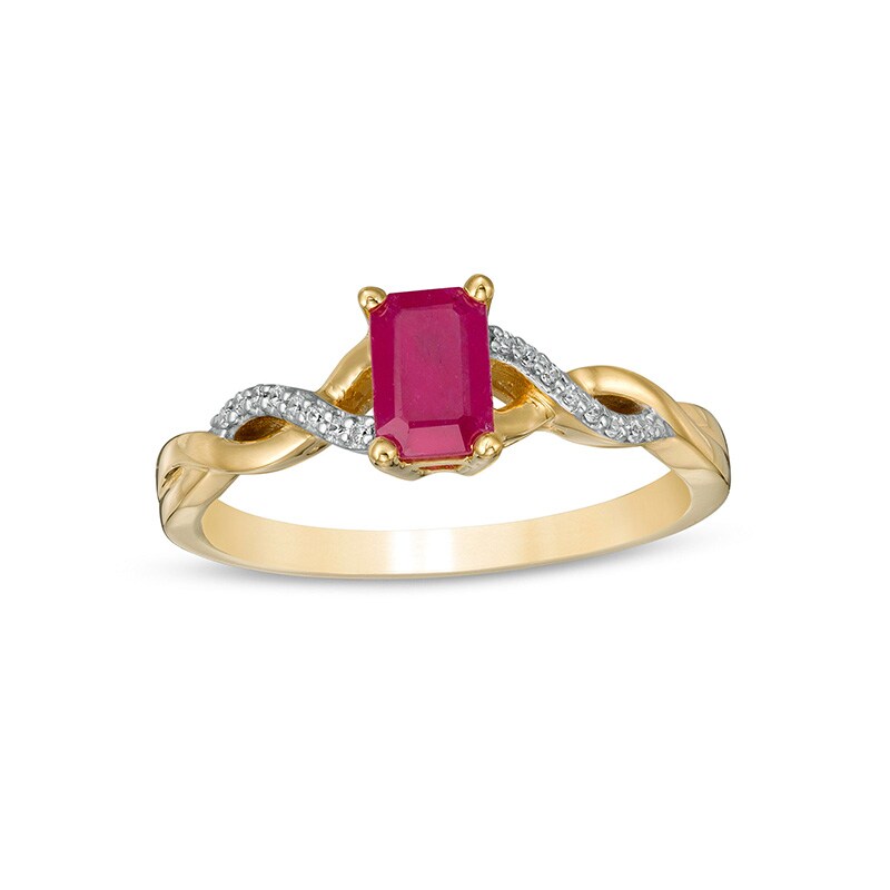Main Image 1 of Previously Owned - Emerald-Cut Ruby and 1/20 CT. T.W. Diamond Twist Shank Ring in 14K Gold