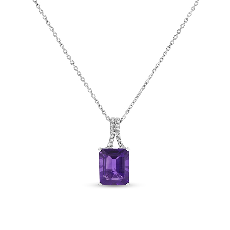 Main Image 1 of Previously Owned - Cushion-Cut Faceted Amethyst and 1/20 CT. T.W. Diamond Split Bail Drop Pendant in 10K White Gold