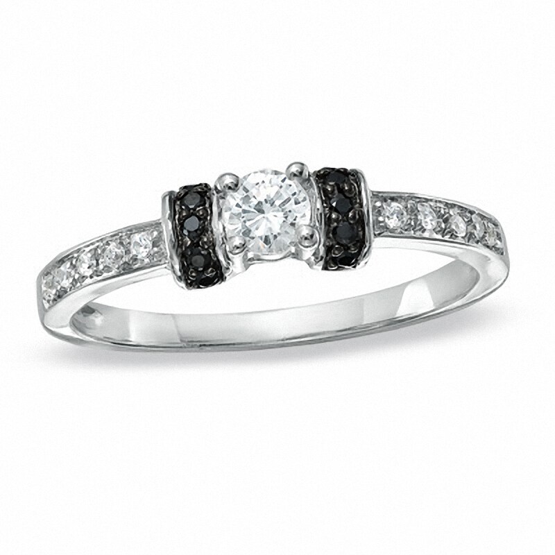 Main Image 1 of Previously Owned - 1/4 CT. T.W.  Black and White Diamond Station Engagement Ring in 10K White Gold