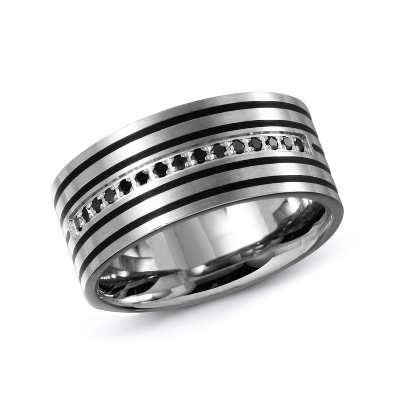 Main Image 1 of Previously Owned - 1/7 CT. T.W. Black Diamond Wedding Band in Stainless Steel