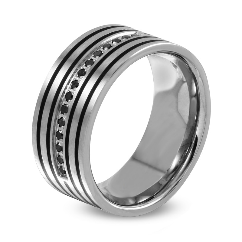 Main Image 2 of Previously Owned - 1/7 CT. T.W. Black Diamond Wedding Band in Stainless Steel