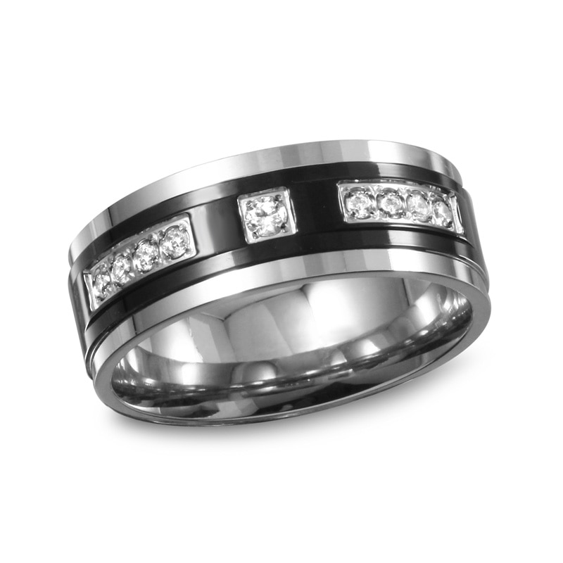 Main Image 1 of Previously Owned - 1/4 CT. T.W. Diamond Two-Tone Stainless Steel Wedding Band