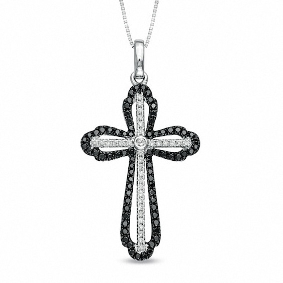 Previously Owned - 1/3 CT. T.w. Black and White Diamond Cross Pendant in 10K White Gold