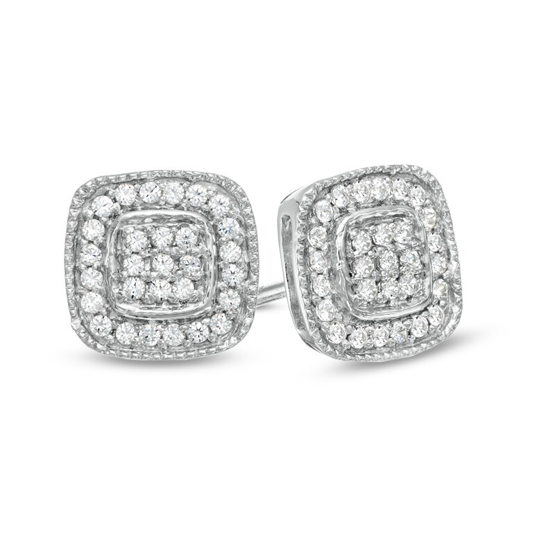Main Image 1 of Previously Owned - 1/5 CT. T.W. Diamond Cluster Cushion-Style Frame Stud Earrings in Sterling Silver