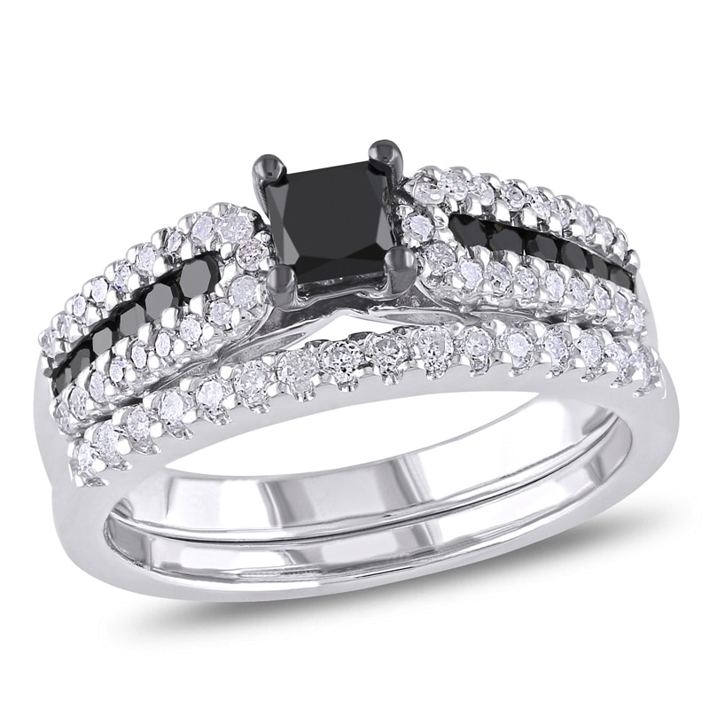 Main Image 1 of Previously Owned - 1 CT. T.W.  Black and White Diamond Bridal Set in Sterling Silver