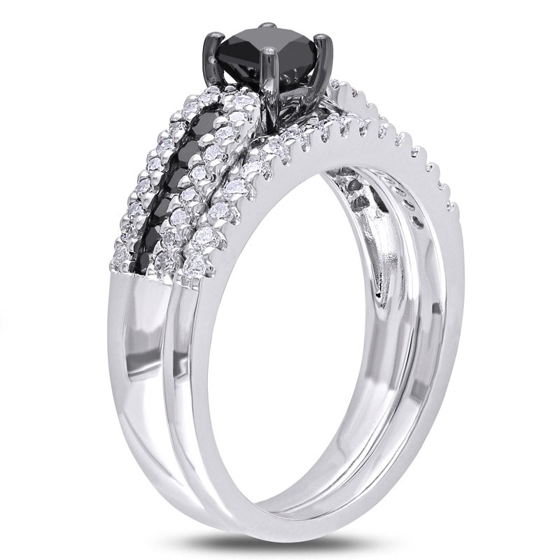 Main Image 2 of Previously Owned - 1 CT. T.W.  Black and White Diamond Bridal Set in Sterling Silver