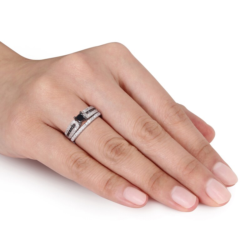 Main Image 3 of Previously Owned - 1 CT. T.W.  Black and White Diamond Bridal Set in Sterling Silver