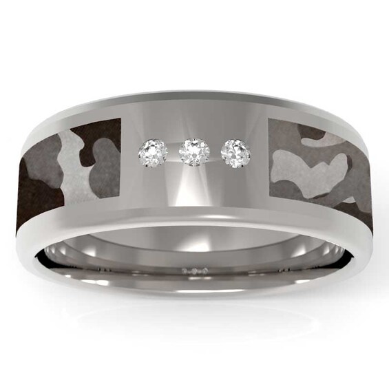 Previously Owned - Three Stone Diamond Accent Grey Camouflage Inlay Stainless Steel Band