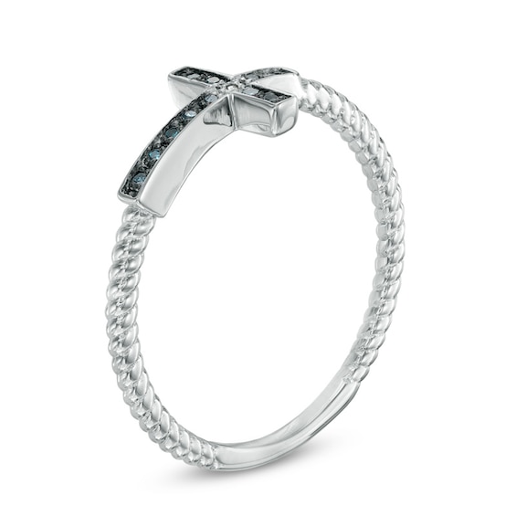 Previously Owned - Blue and White Diamond Accent Sideways Cross Ring in Sterling Silver