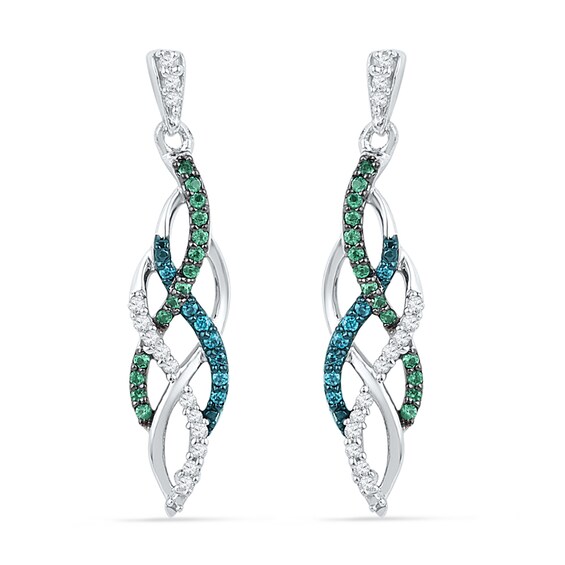 Previously Owned - 1/4 CT. T.w. Blue, Green and White Diamond Braided Drop Earrings in 10K White Gold