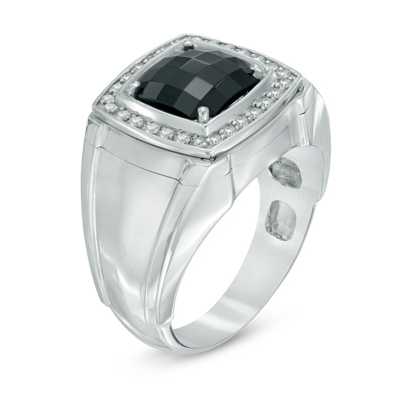 Main Image 2 of Previously Owned - 9.0mm Cushion-Cut Black Onyx and 1/4 CT. T.W. Diamond Comfort Fit Ring in Sterling Silver