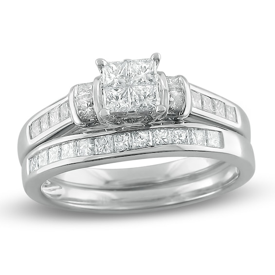 Previously Owned - 1 CT. T.w. Quad Princess-Cut Diamond Collar Bridal Set in 14K White Gold