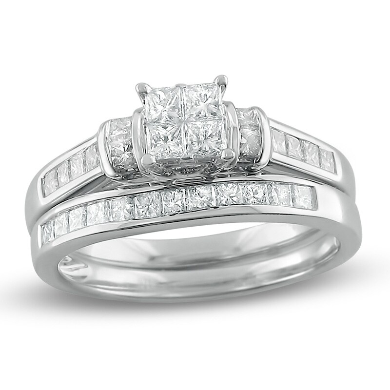 Main Image 1 of Previously Owned - 1 CT. T.W. Quad Princess-Cut Diamond Collar Bridal Set in 14K White Gold
