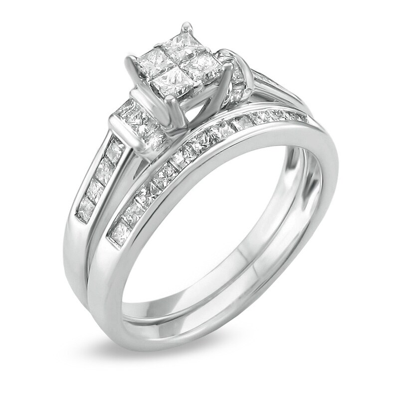 Main Image 2 of Previously Owned - 1 CT. T.W. Quad Princess-Cut Diamond Collar Bridal Set in 14K White Gold
