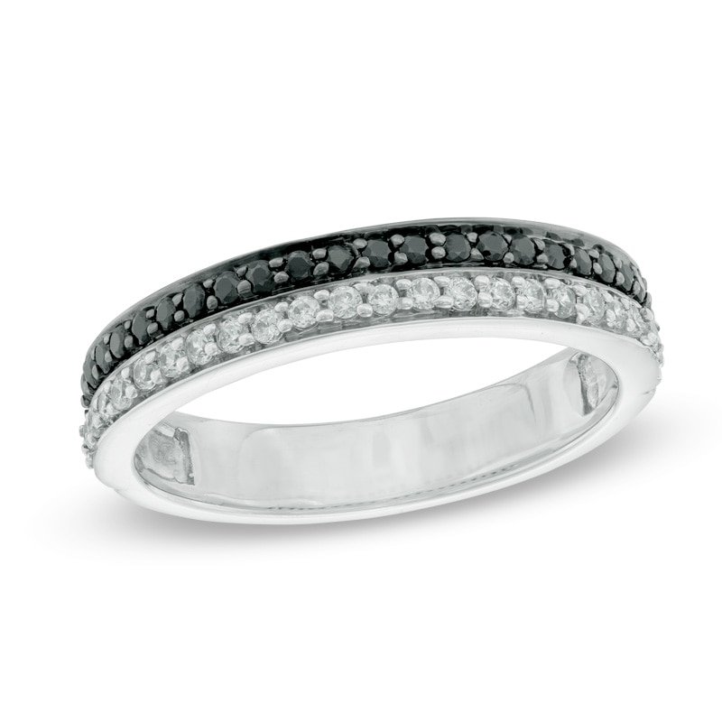 Main Image 1 of Previously Owned - 1/3 CT. T.W.  Black and White Diamond Double Row Band in 10K White Gold