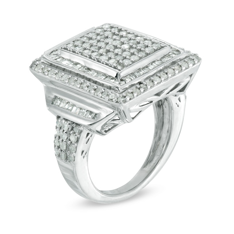 Main Image 2 of Previously Owned - 1-1/2 CT. T.W. Diamond Cluster Double Square Frame Ring in Sterling Silver