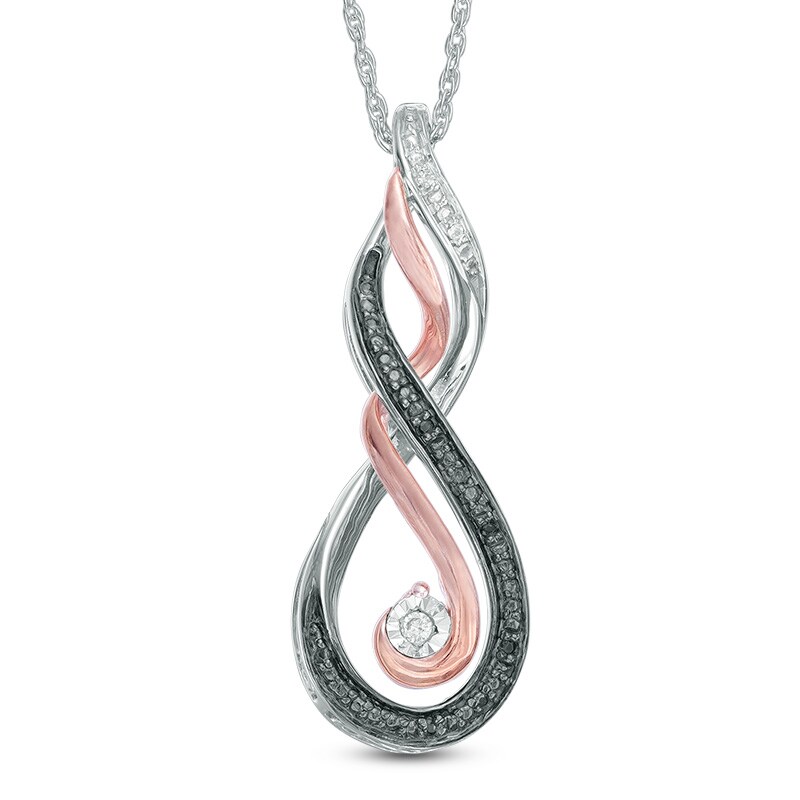 Main Image 1 of Previously Owned - Black and White Diamond Accent Ribbon Swirl Infinity Pendant in Sterling Silver and 10K Rose Gold