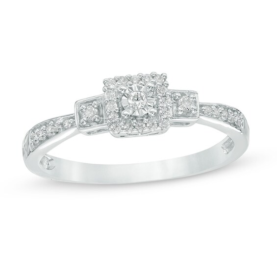 Previously Owned - 1/10 CT. T.w. Diamond Square Frame Three Stone Promise Ring in 10K White Gold