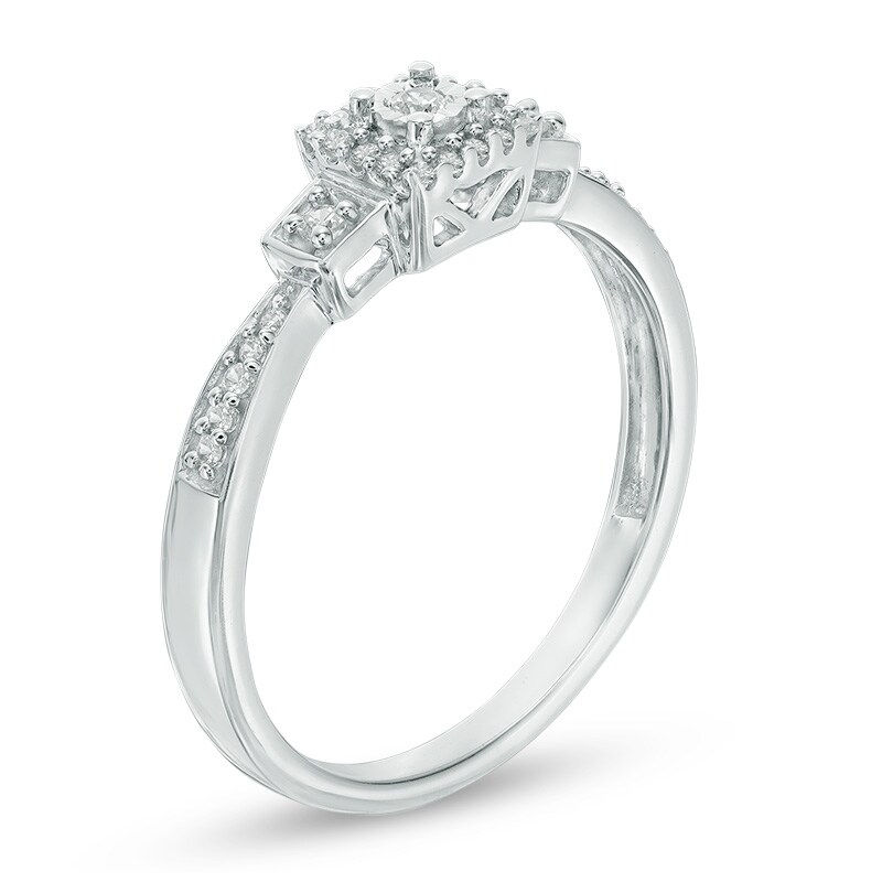 Main Image 2 of Previously Owned - 1/10 CT. T.W. Diamond Square Frame Three Stone Promise Ring in 10K White Gold